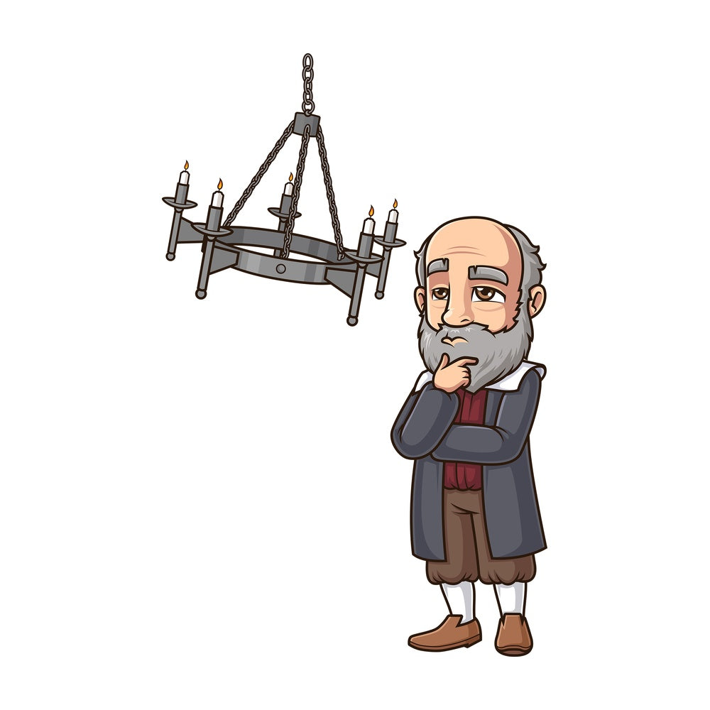 Galileo thinking about swinging chandelier. PNG - JPG and vector EPS (infinitely scalable).