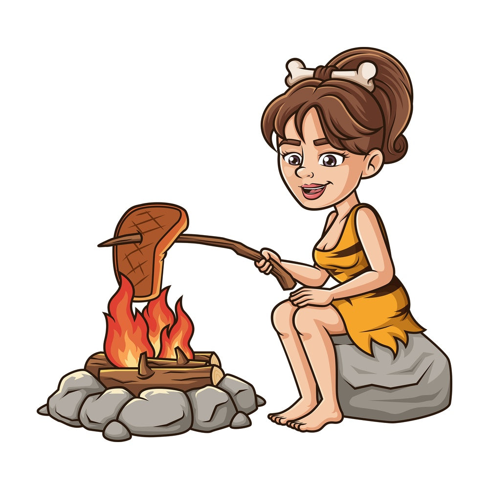 Cavewoman cooking meat on fire. PNG - JPG and vector EPS (infinitely scalable).