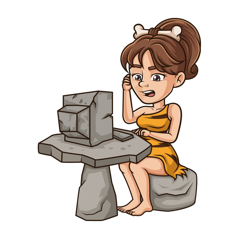 Cavewoman using stone age computer. PNG - JPG and vector EPS (infinitely scalable).
