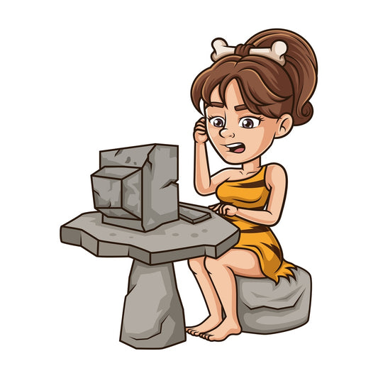 Cavewoman using stone age computer. PNG - JPG and vector EPS (infinitely scalable).