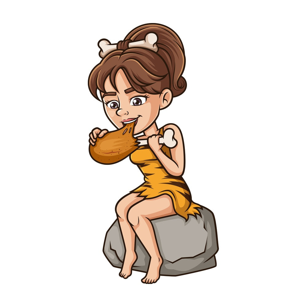 Hungry cavewoman eating meat. PNG - JPG and vector EPS (infinitely scalable).