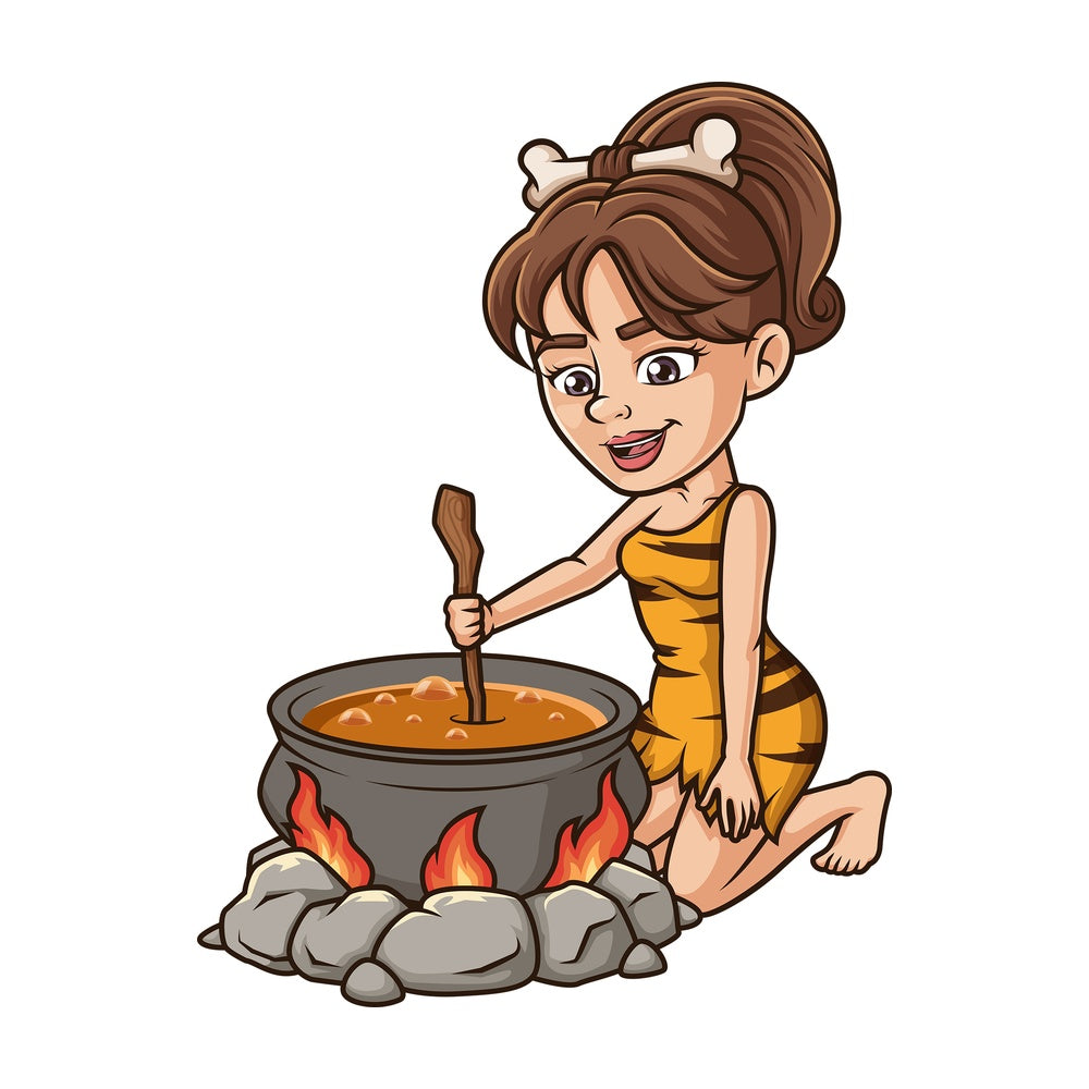 Cavewoman stirring the pot. PNG - JPG and vector EPS (infinitely scalable).