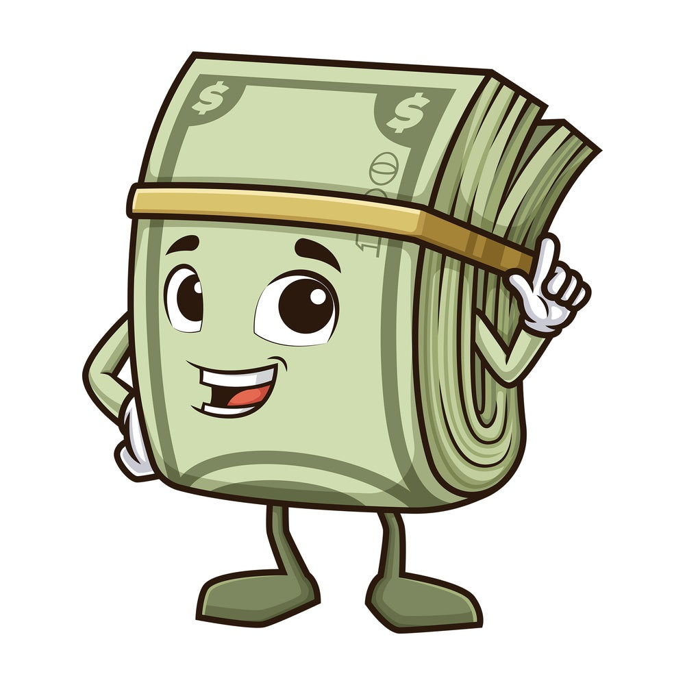Money mascot pointing up. PNG - JPG and vector EPS (infinitely scalable).