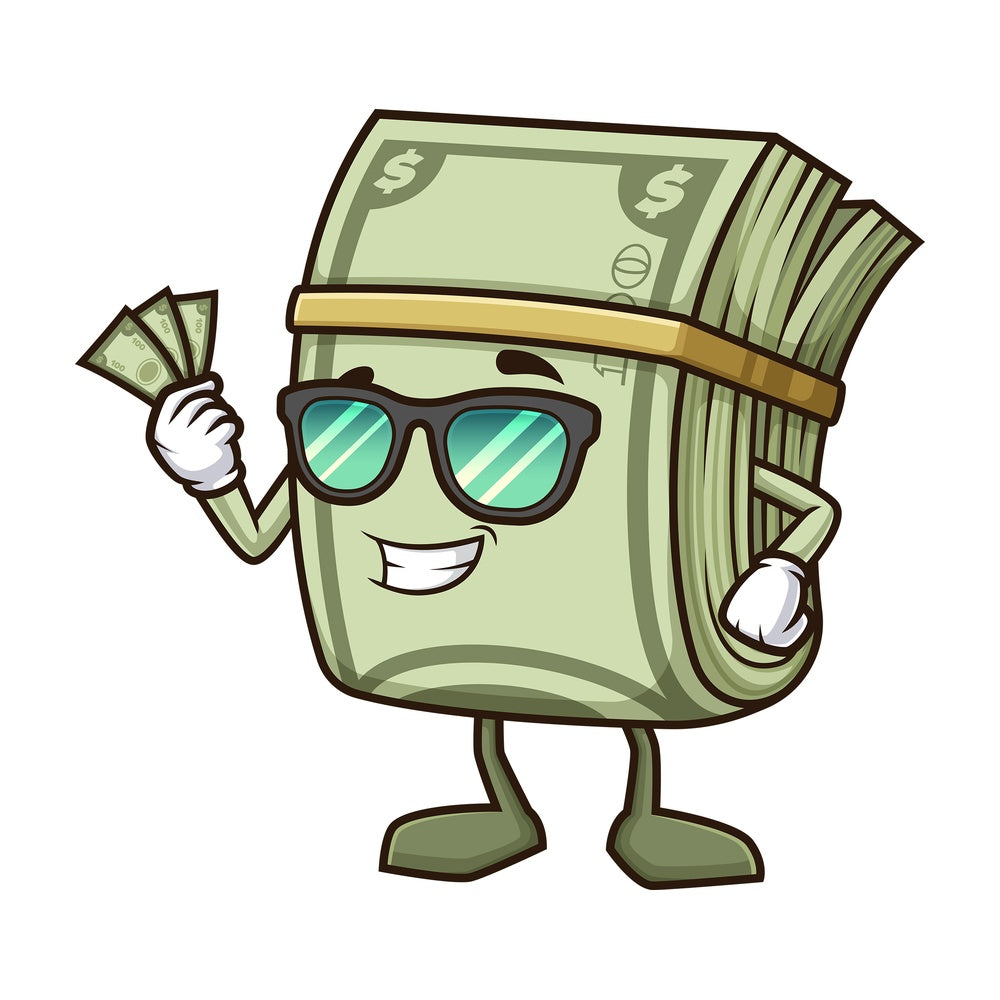 Money character holding cash. PNG - JPG and vector EPS (infinitely scalable).