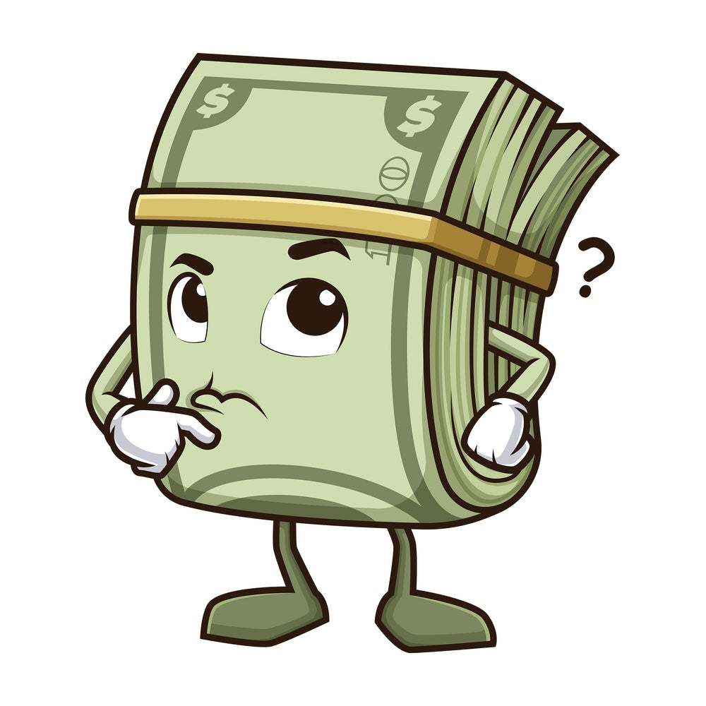 Confused money mascot thinking. PNG - JPG and vector EPS (infinitely scalable).