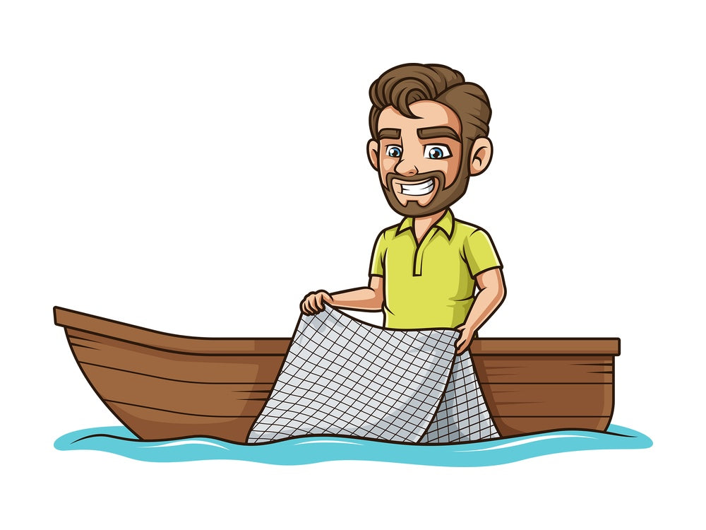 Man on boat fishing with net. PNG - JPG and vector EPS file formats (infinitely scalable). Image isolated on transparent background.