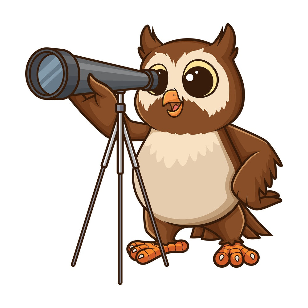 Owl using telescope. PNG - JPG and vector EPS file formats (infinitely scalable). Image isolated on transparent background.