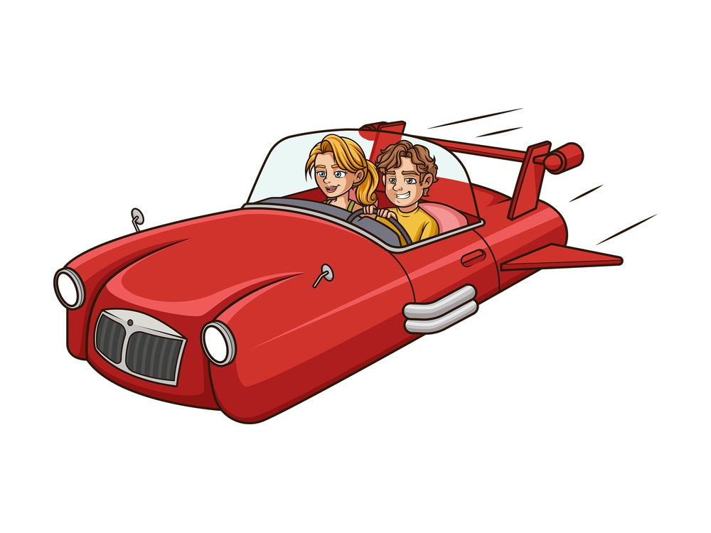 Couple in retro flying car. PNG - JPG and vector EPS (infinitely scalable).