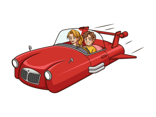 Couple in retro flying car. PNG - JPG and vector EPS (infinitely scalable).