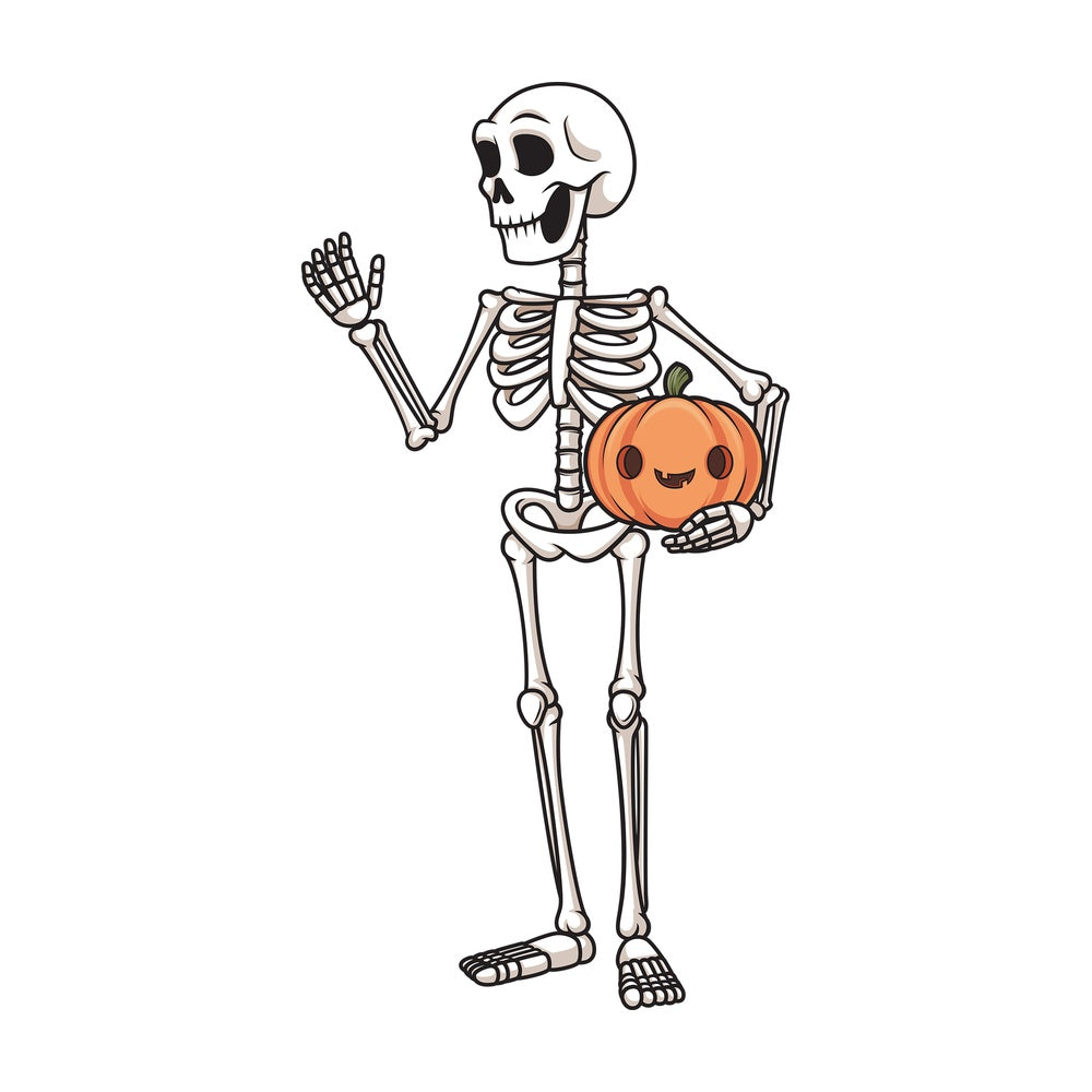 Skeleton holding jack-o-lantern. PNG - JPG and vector EPS (infinitely scalable).
