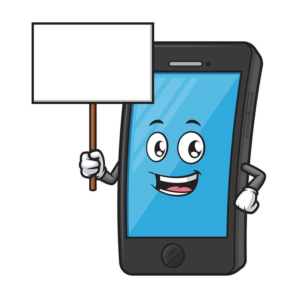Cell phone mascot holding blank sign. PNG - JPG and vector EPS (infinitely scalable).