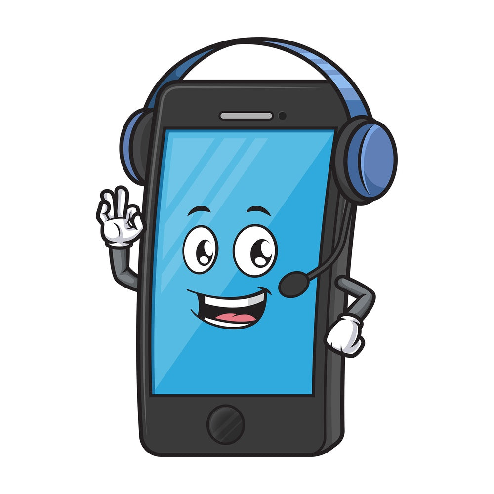 Mobile phone character with headset. PNG - JPG and vector EPS (infinitely scalable).
