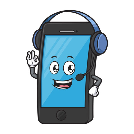 Mobile phone character with headset. PNG - JPG and vector EPS (infinitely scalable).