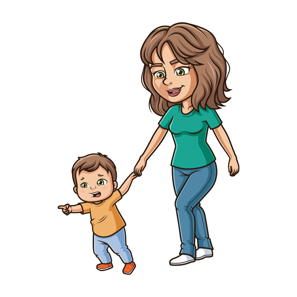 Frightened kid pulling mom. PNG - JPG and vector EPS file formats (infinitely scalable). Image isolated on transparent background.