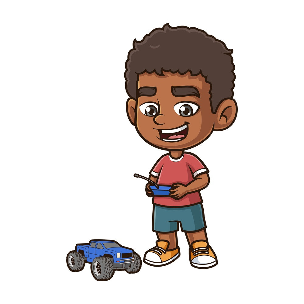 Black kid playing with remote control truck. PNG - JPG and vector EPS (infinitely scalable).
