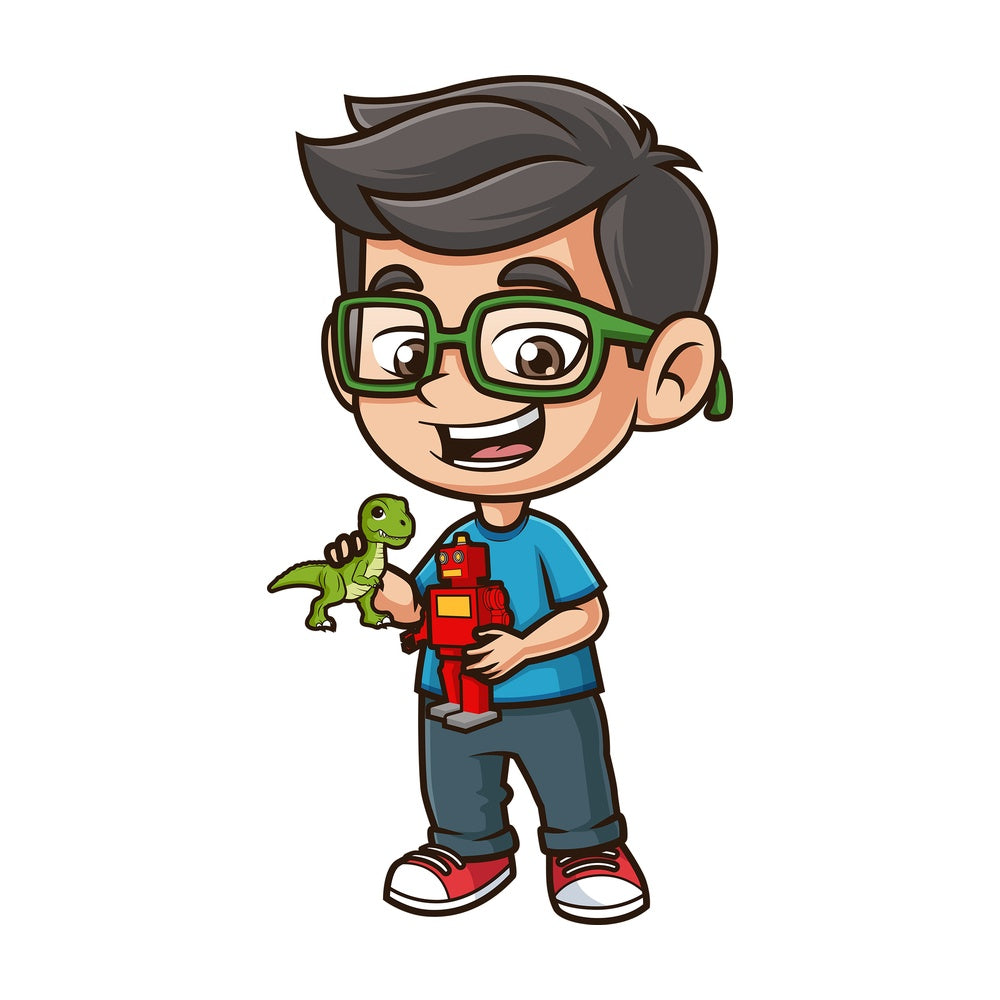 Nerdy kid playing with dinosaur and robot. PNG - JPG and vector EPS (infinitely scalable).