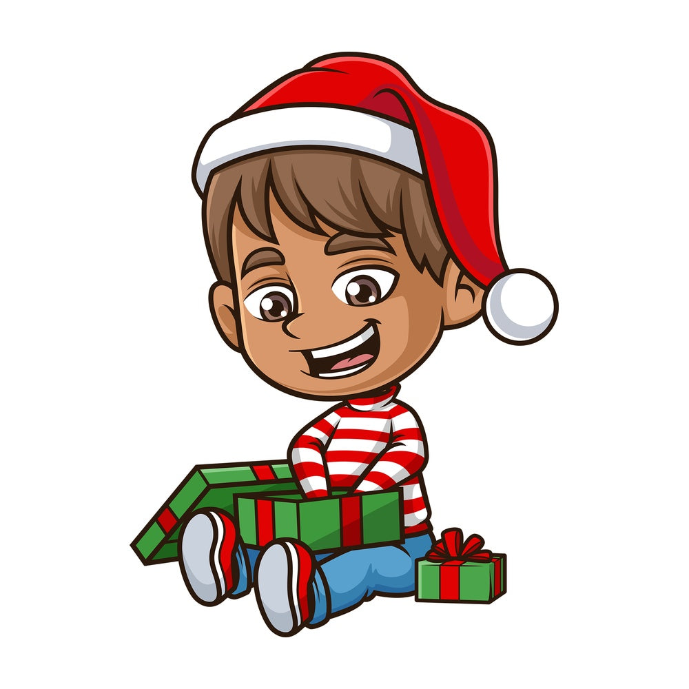 Hispanic boy opening christmas present. PNG - JPG and vector EPS (infinitely scalable).