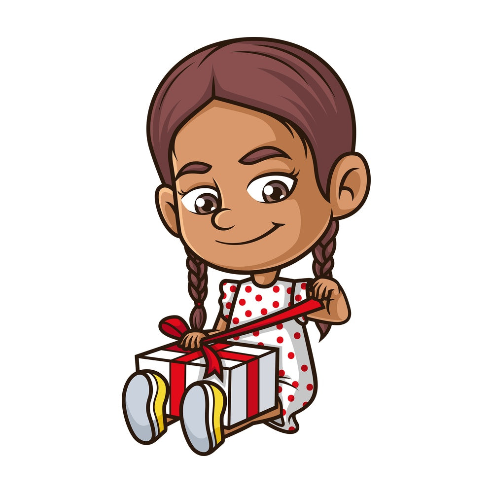 Hispanic girl opening present. PNG - JPG and vector EPS (infinitely scalable).