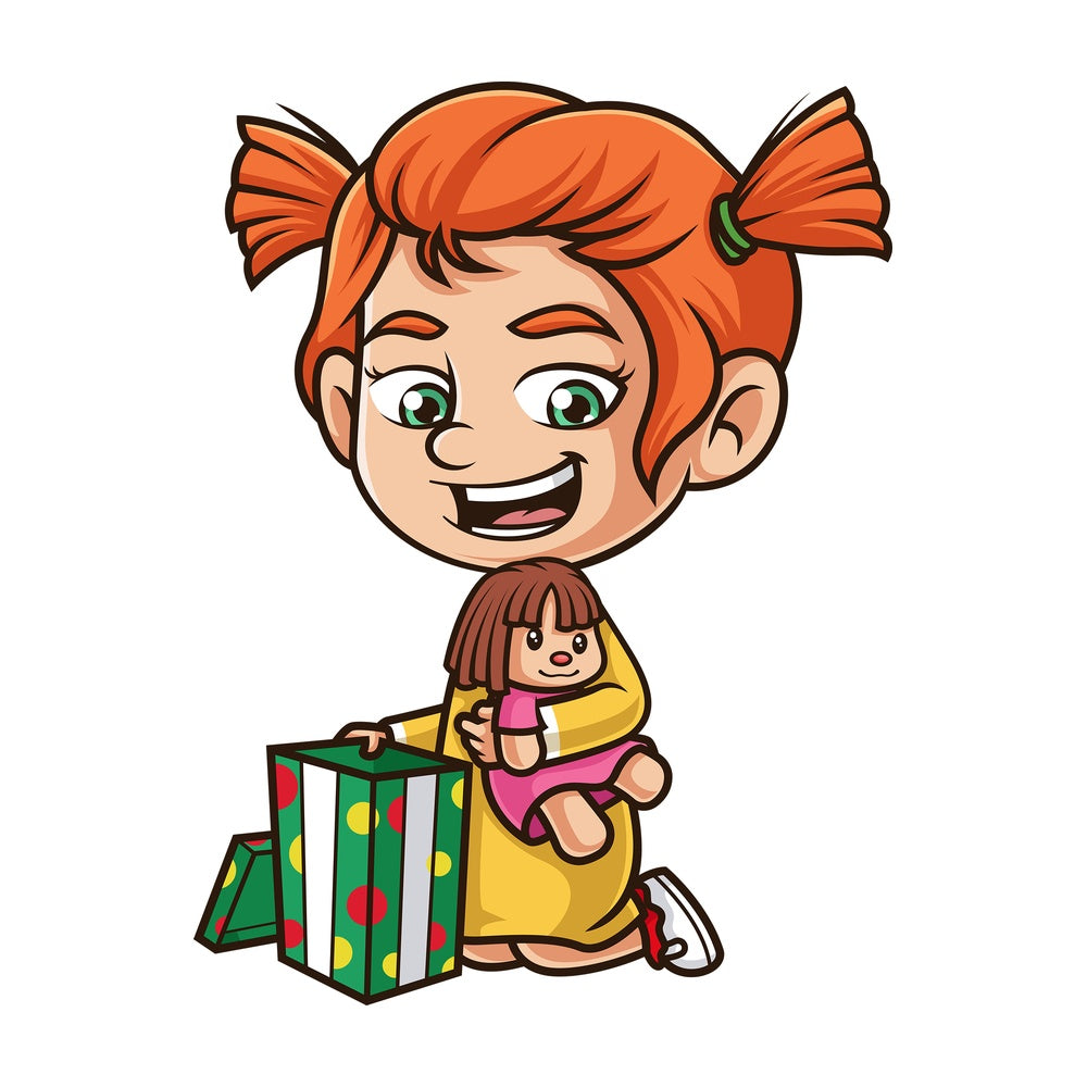 Ginger girl opening present. PNG - JPG and vector EPS (infinitely scalable).
