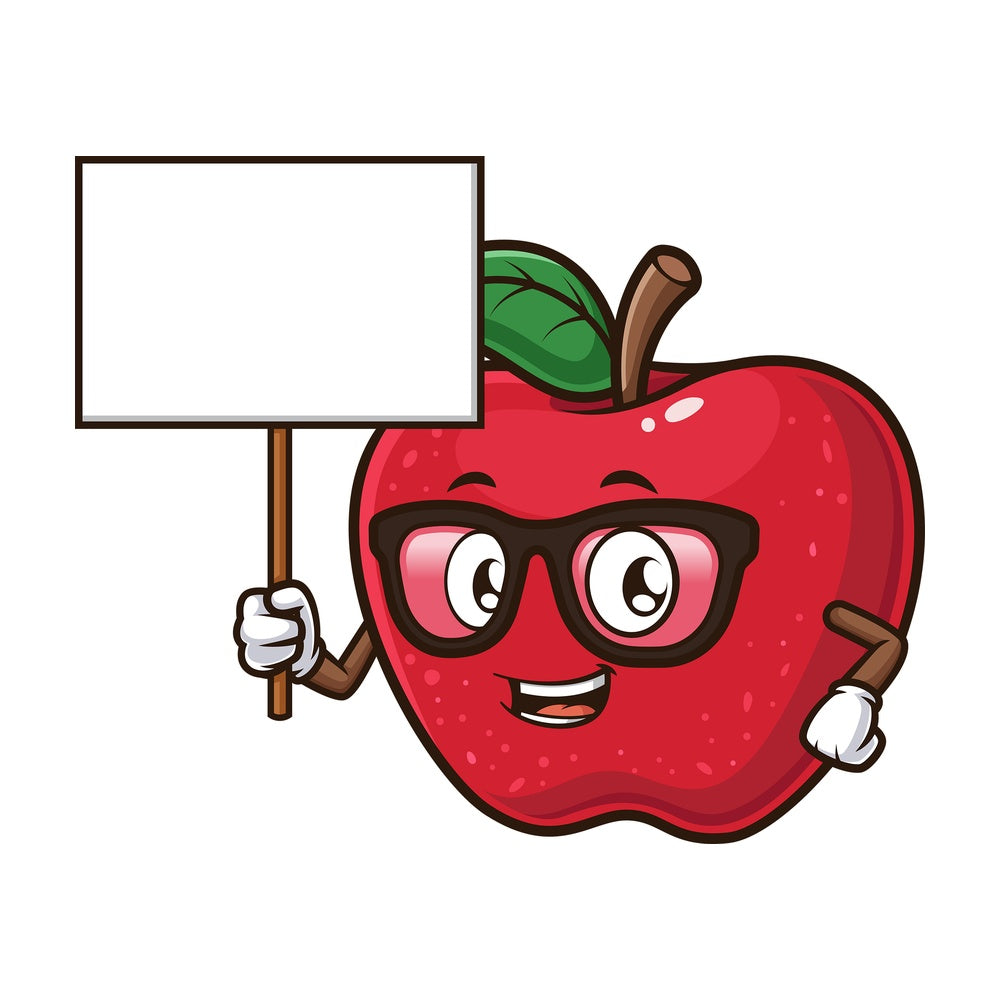 Apple holding blank sign. PNG - JPG and vector EPS (infinitely scalable).