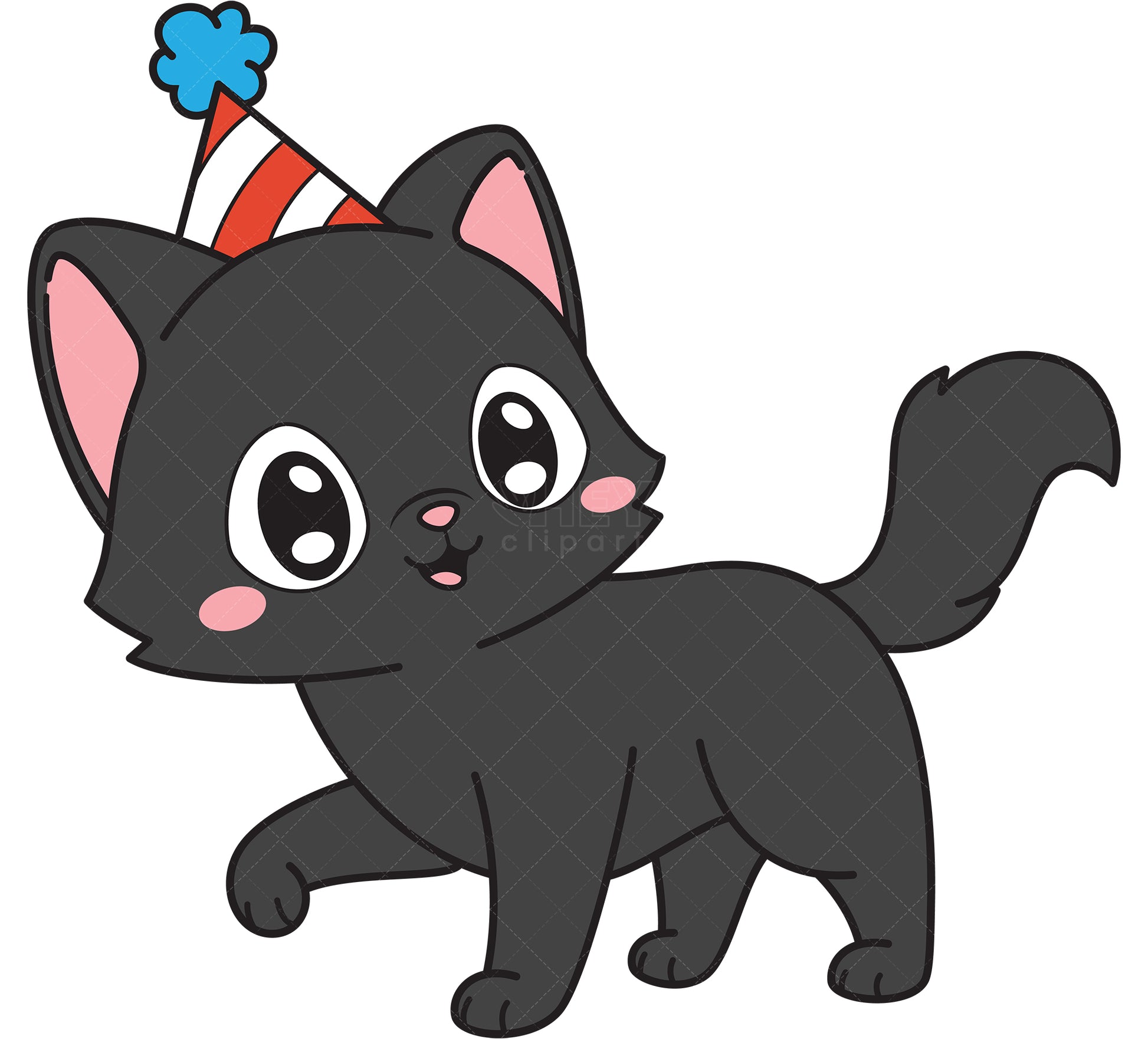 Royalty-free vector illustration of a black birthday cat walking.