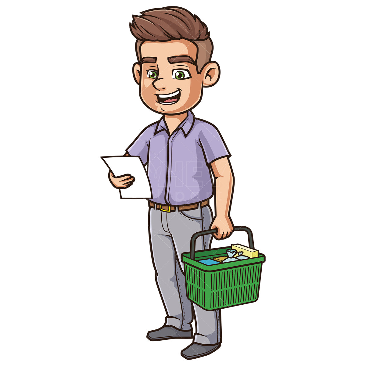 Royalty-free stock vector illustration of a cheerful guy with shopping list.