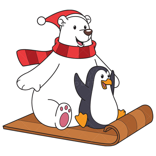 Royalty-free vector illustration of a christmas polar bear on ice sled with penguin.