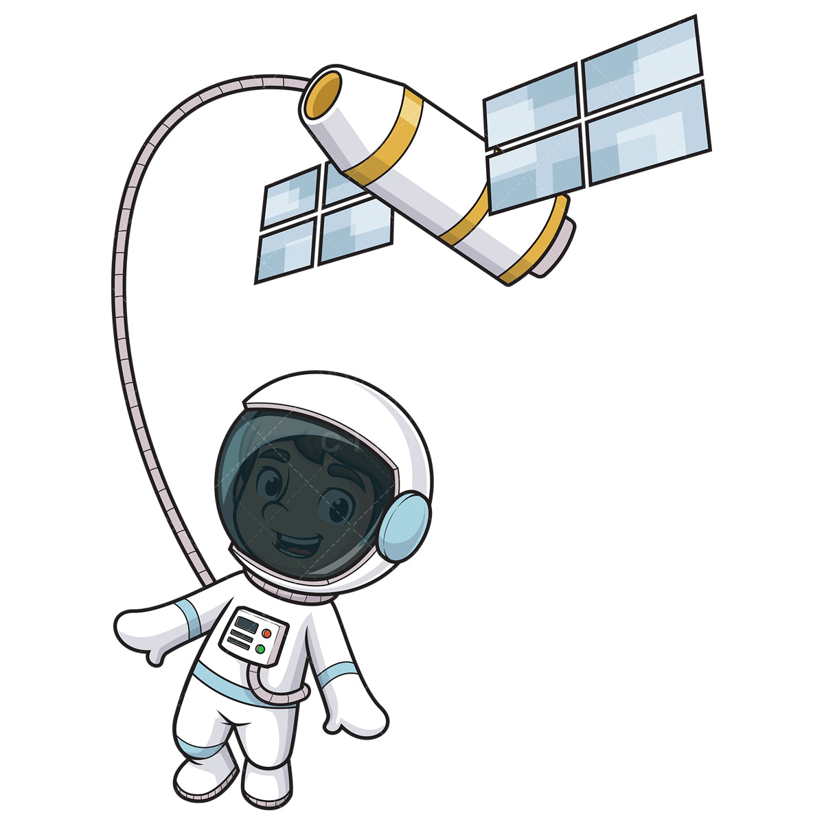 Royalty-free stock vector illustration of a cute astronaut near space station.