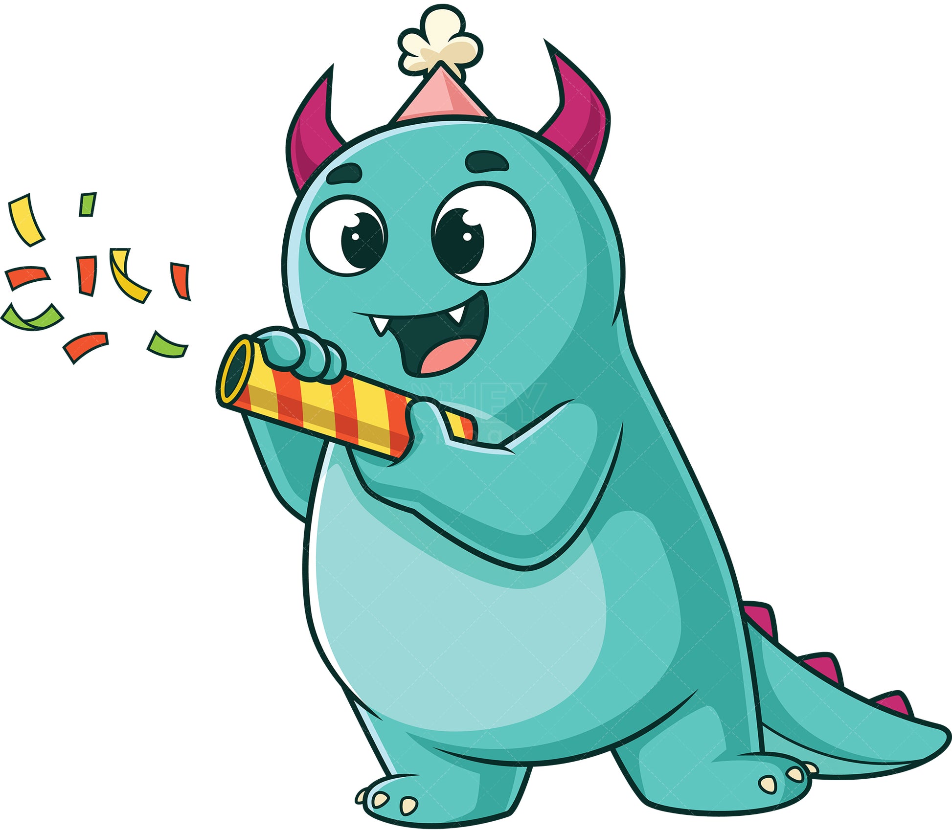 Royalty-free stock vector illustration of a cute monster celebrating at birthday party.