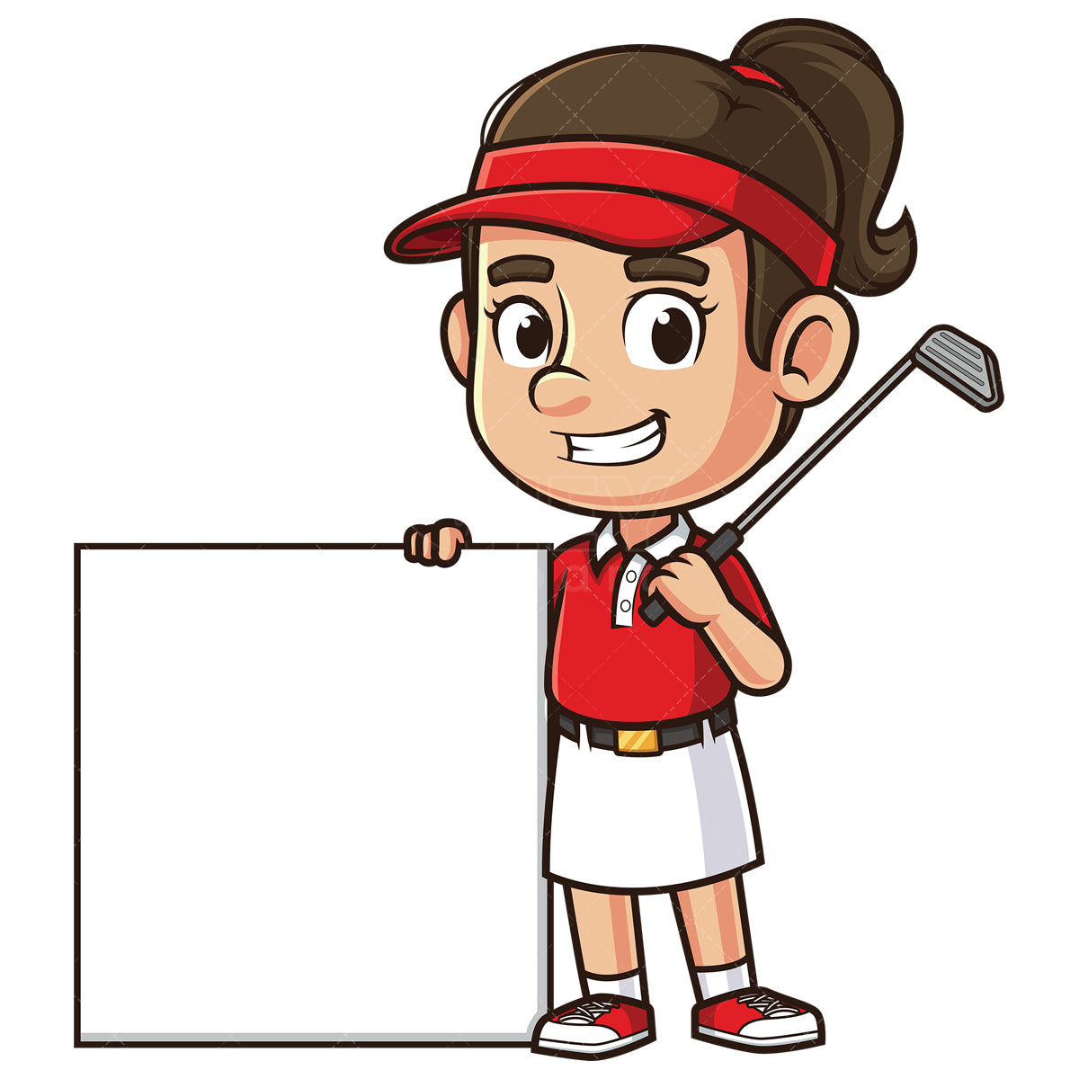 Royalty-free stock vector illustration of a female golfer standing next to blank sign.