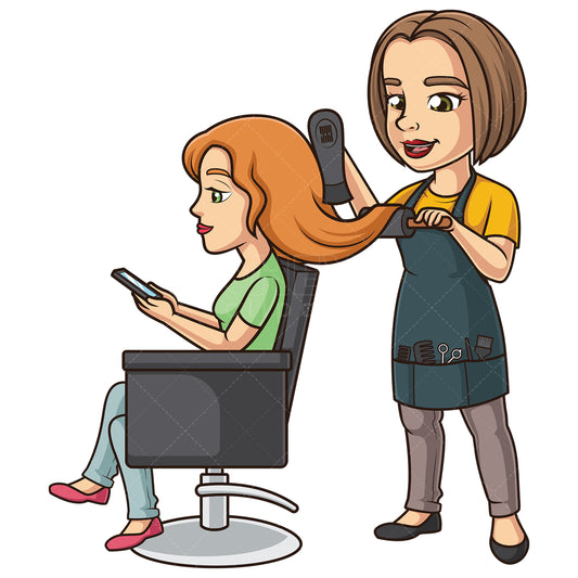 Royalty-free stock vector illustration of a hairdresser using hair dryer.