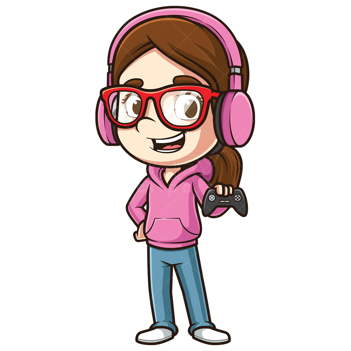 Royalty-free stock vector illustration of a happy female gamer.