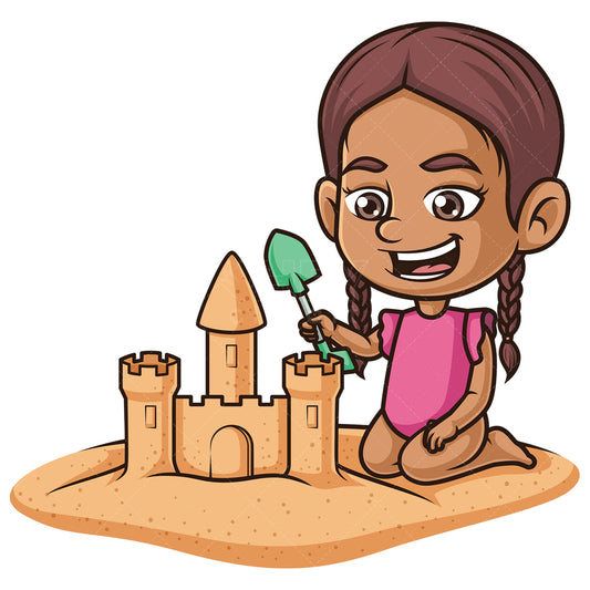 Royalty-free stock vector illustration of a hispanic girl building sandcastle.