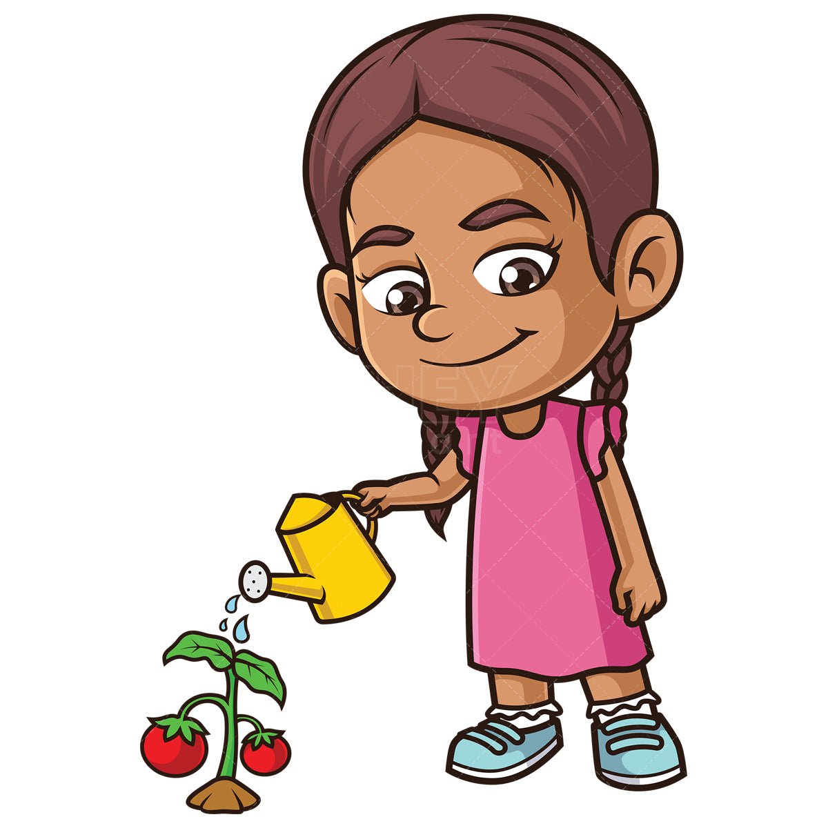 Royalty-free stock vector illustration of a hispanic girl watering tomatoes.