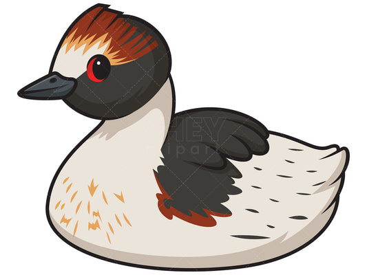 Royalty-free stock vector illustration of a hooded grebe in chibi kawaii style.