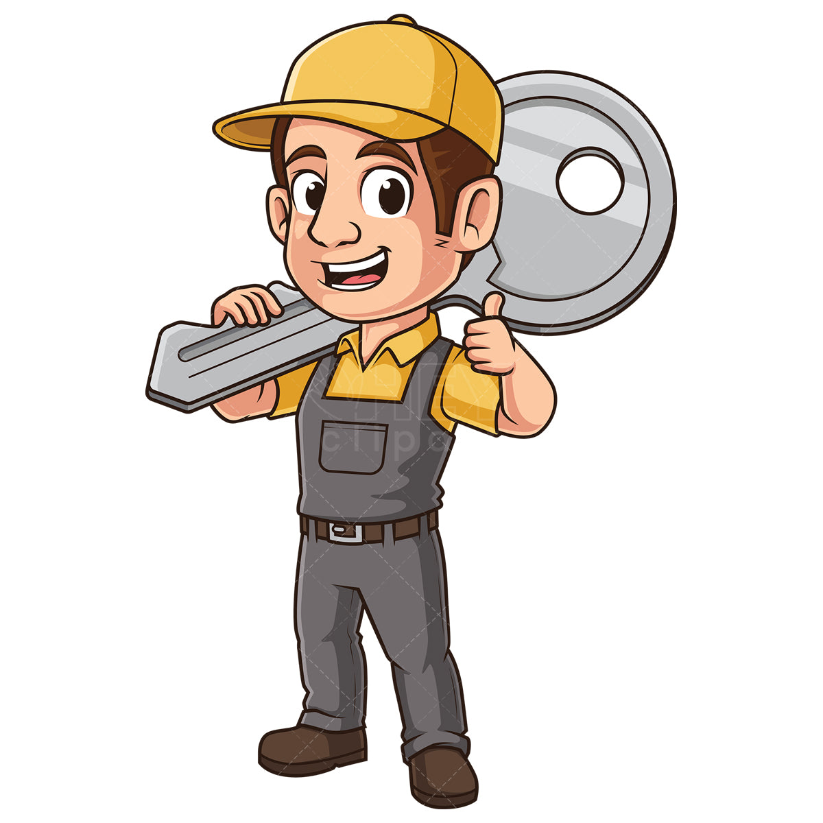 Royalty-free stock vector illustration of a locksmith holding large key.