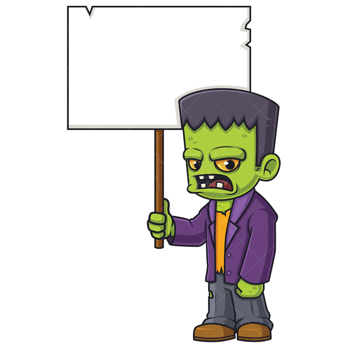 Royalty-free stock vector illustration of a mad frankenstein holding blank sign.