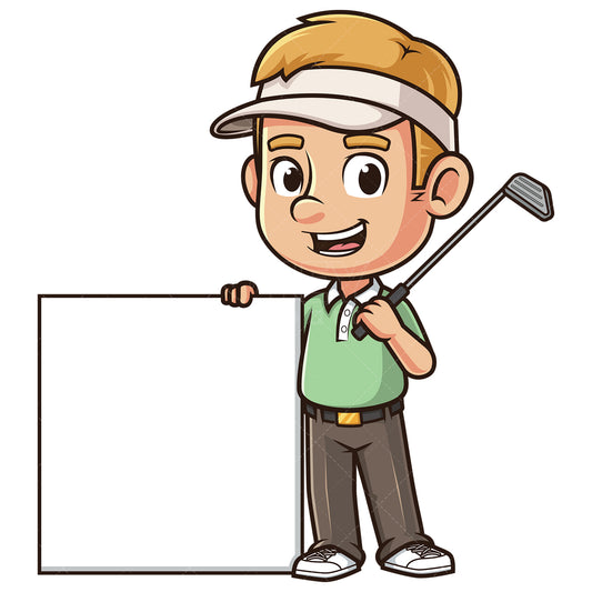 Royalty-free stock vector illustration of a male golfer standing next to blank sign.