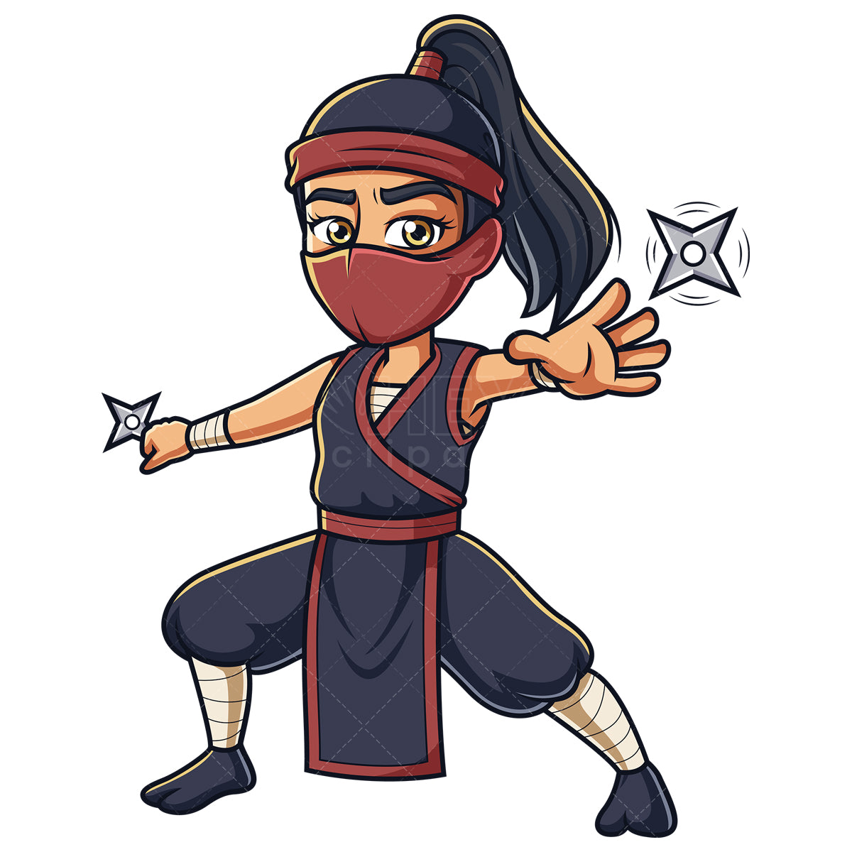 Royalty-free stock vector illustration of a ninja girl throwing stars.