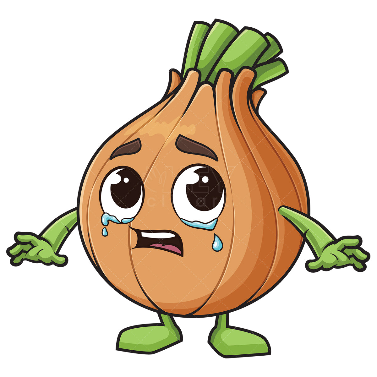 Royalty-free stock vector illustration of a onion mascot crying.