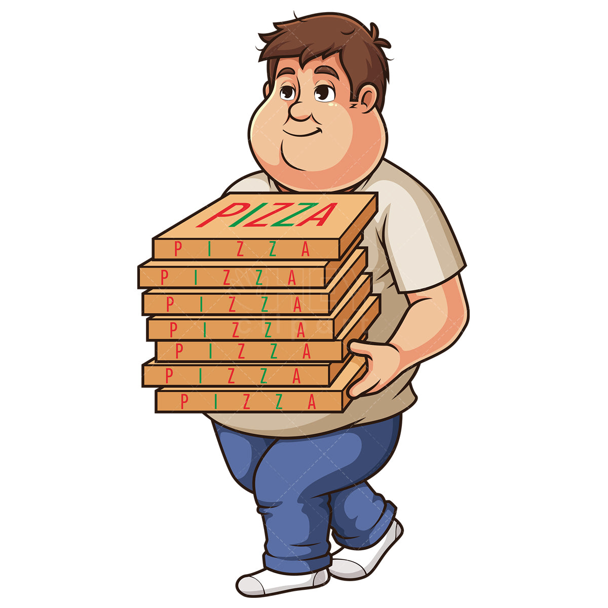 Royalty-free stock vector illustration of an overweight man carrying pizza boxes.