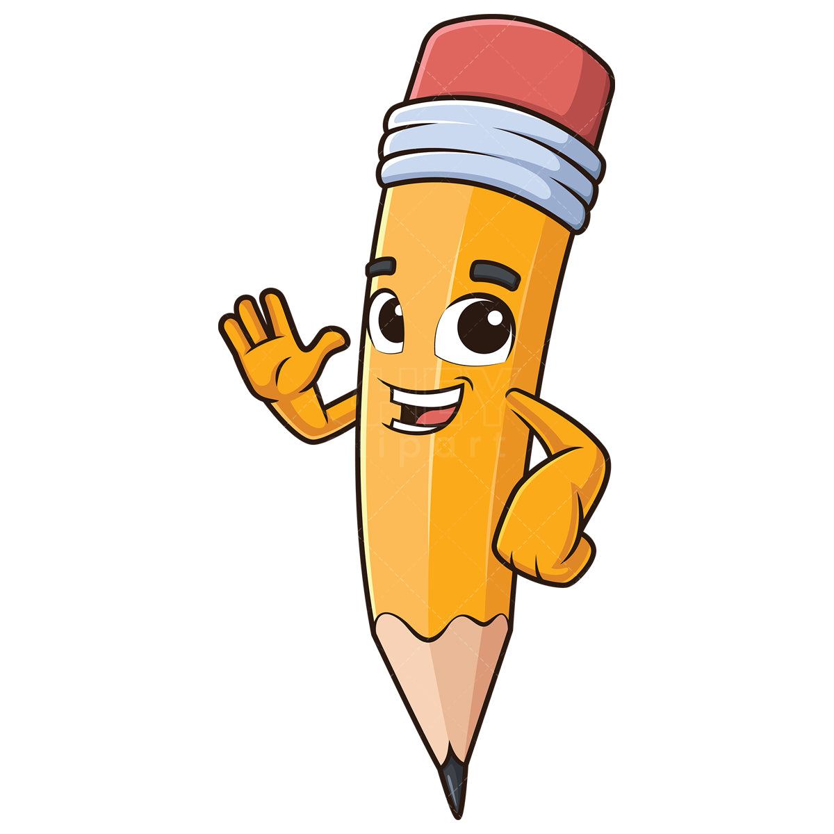 Royalty-free stock vector illustration of a pencil character waving.