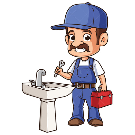 Royalty-free stock vector illustration of a plumber next to bathroom sink.