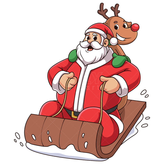 Royalty-free stock vector illustration of a santa and rudolph sliding in the snow.