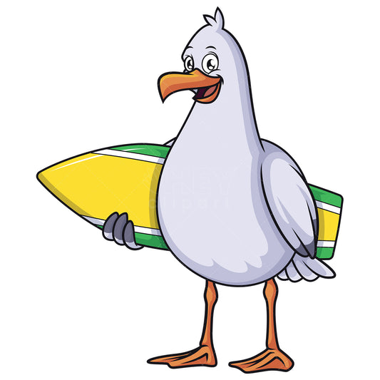 Royalty-free stock vector illustration of a seagull holding surfboard.