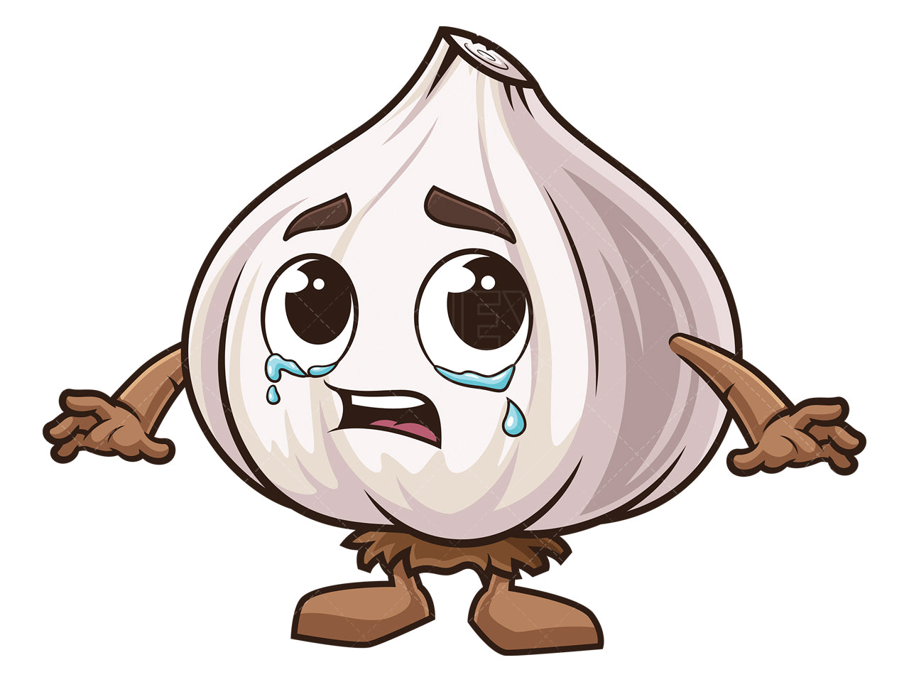 Royalty-free stock vector illustration of a sliced garlic mascot crying.