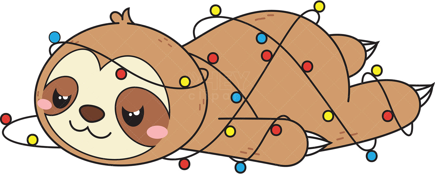 Royalty-free vector illustration of a sloth tangled in christmas lights.