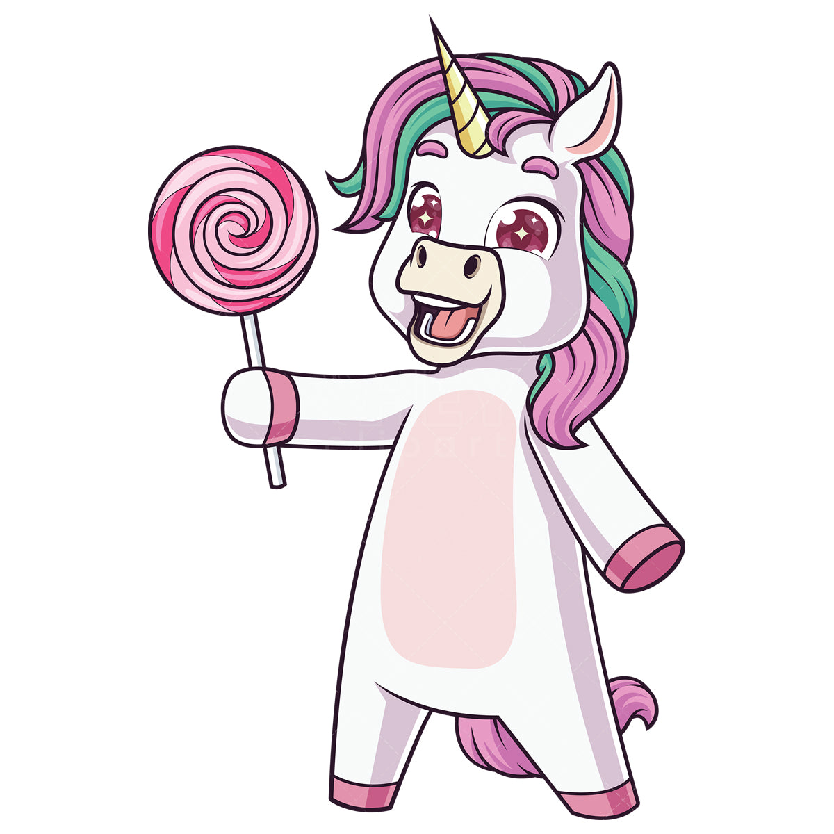 Royalty-free stock vector illustration of a unicorn holding a lollipop.