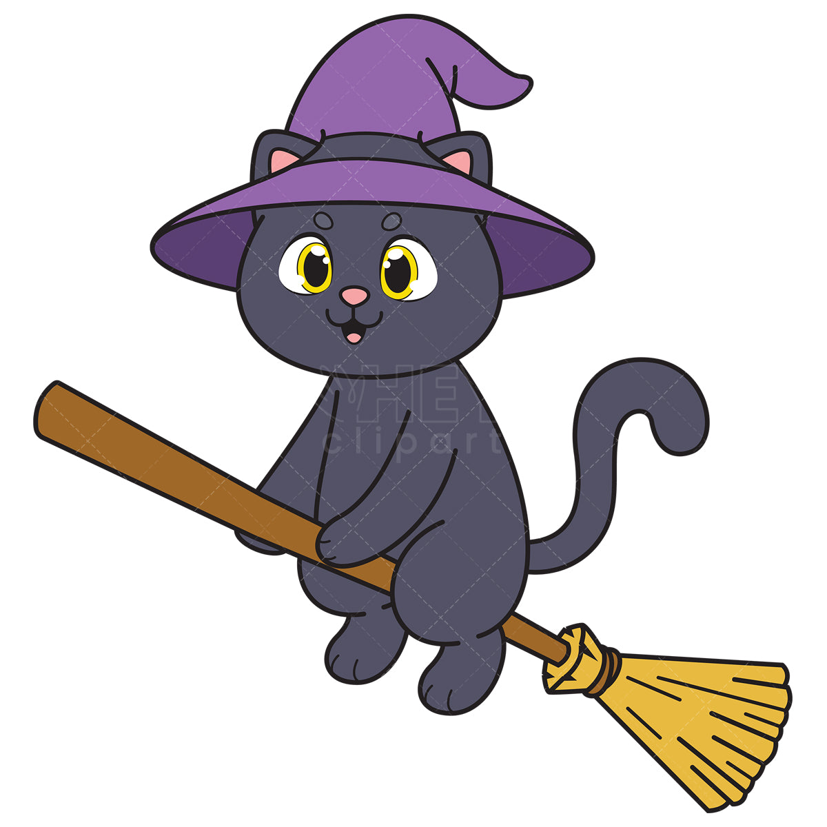 Royalty-free vector illustration of a witch cat riding broom.