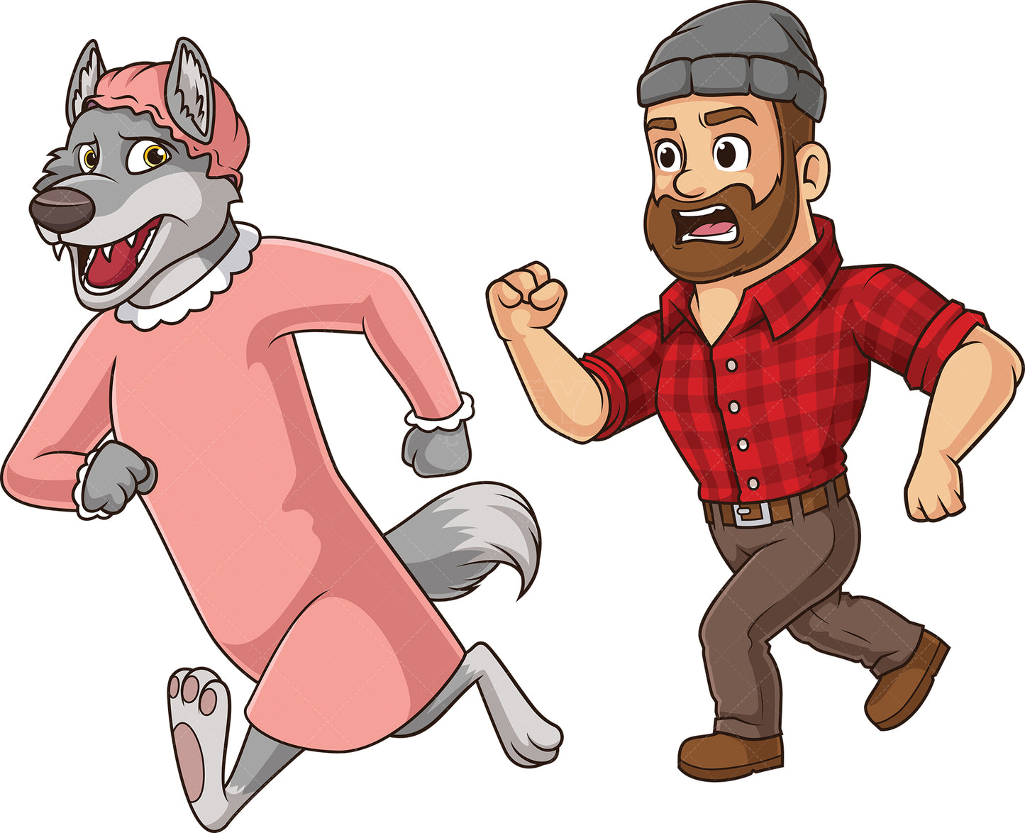 Royalty-free stock vector illustration of a woodsman chasing the bad wolf.